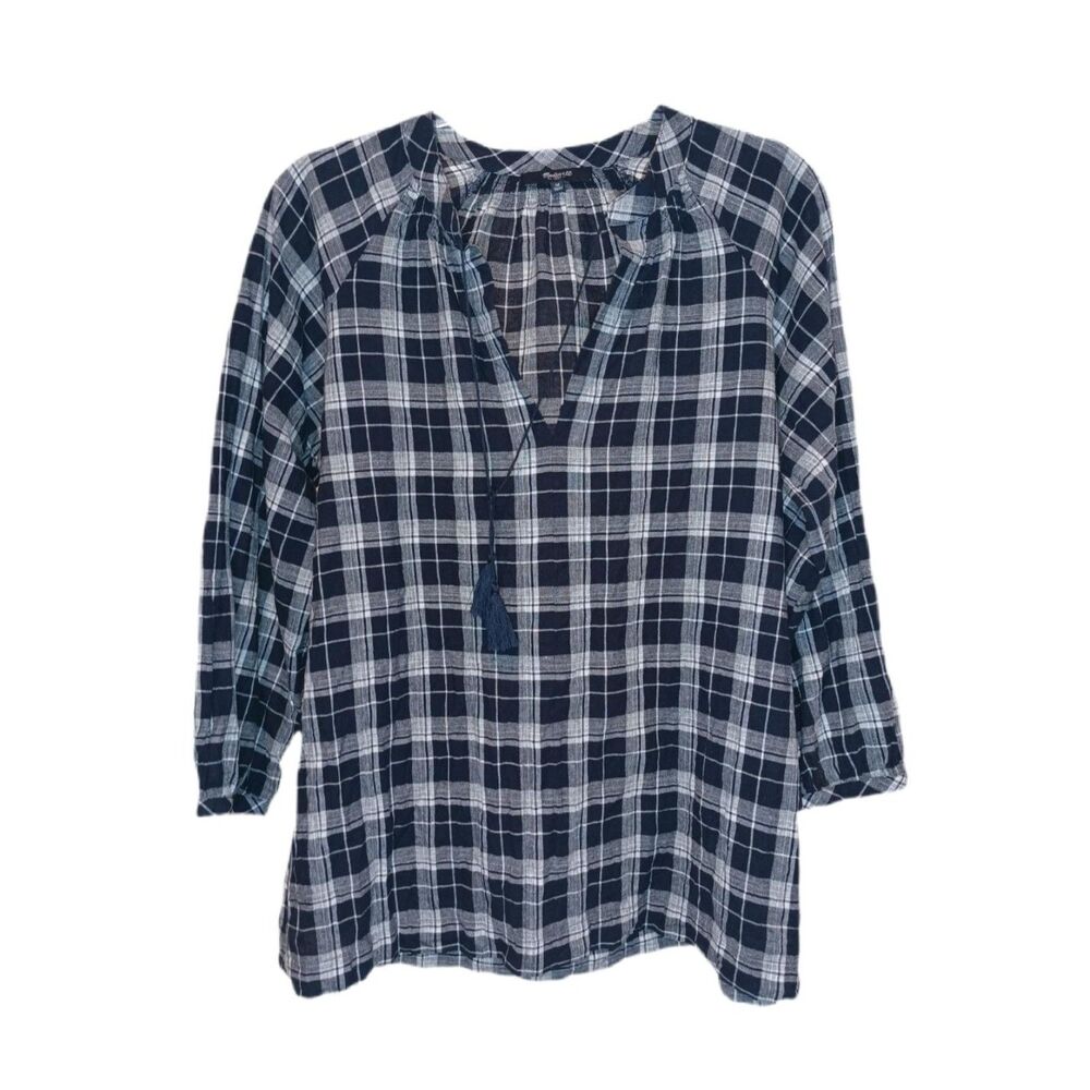 Madewell Navy Plaid Linen Blend Tassel Tie Top Size M Oversized Cabincore Casual